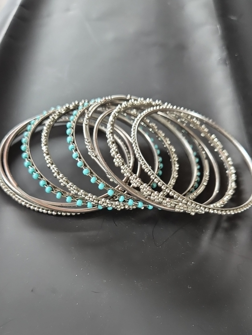 Stackable Silver & Turquoise Beaded Bangle Bracelets - Women Jewelry